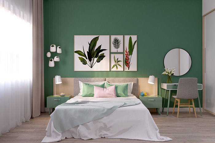 دکوراسیون داخلی اتاق خواب با طیف رنگی سبز